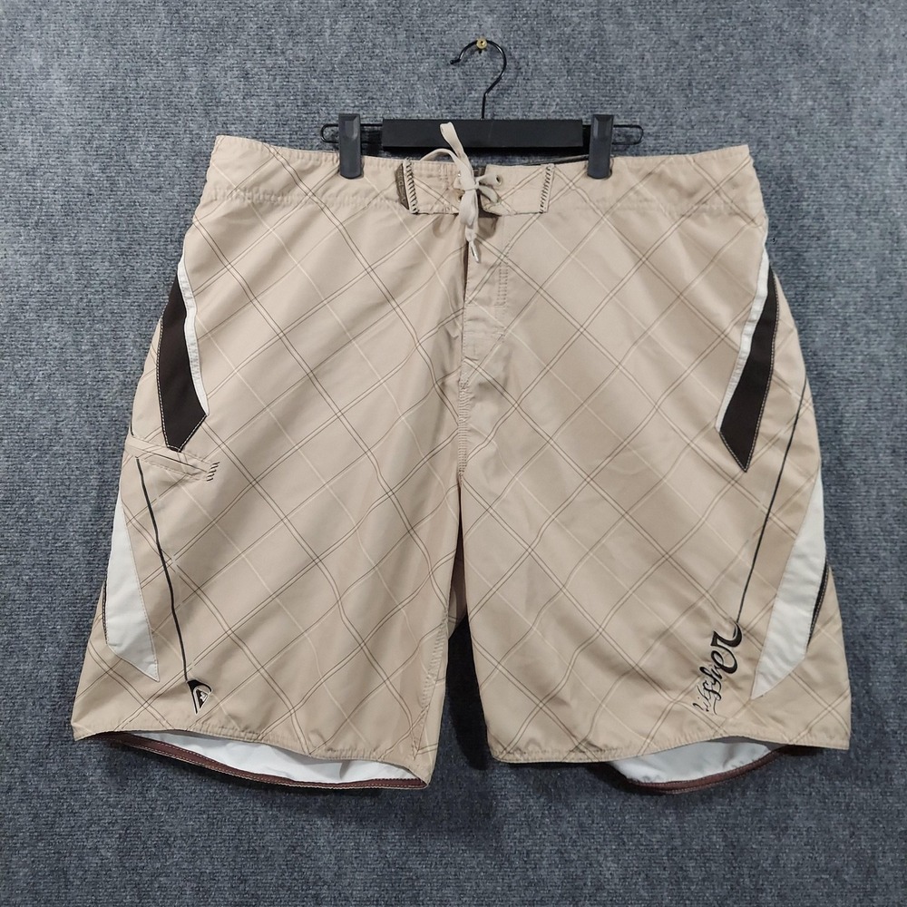 Vintage Quiksilver Shorts Mens 40 Beige Plaid Boardshorts Swim Trunks Surf Y2K